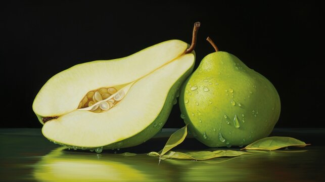  a painting of two pears with one cut in half and the other half with water droplets on the surface.