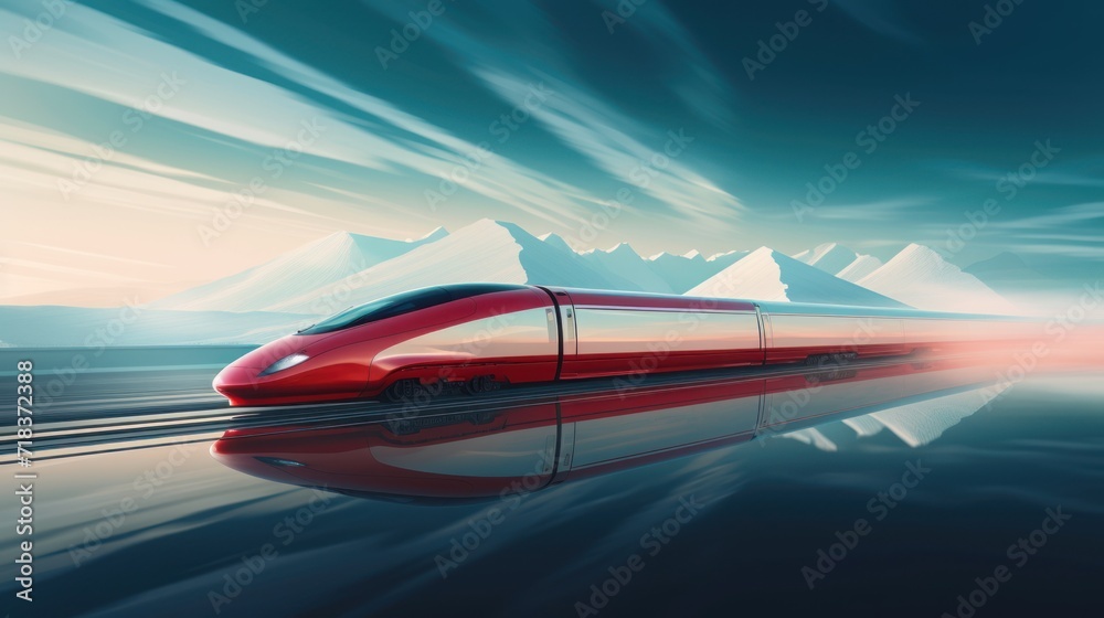 Wall mural  a red train traveling down train tracks next to a snow covered mountain covered in clouds and a red light at the end of the track. - Wall murals