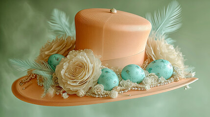 Fototapeta na wymiar Pale peach top hat decorated with turquoise easter eggs and roses.