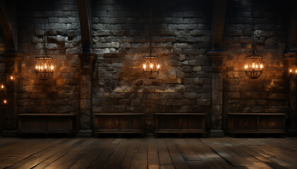 Fototapeta na wymiar Dark room illuminated by old lantern on wooden table generated by AI