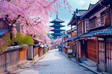 A Japanese street with a pagoda and a cherry blossom tree in the foreground