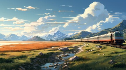  a painting of a train on a train track with mountains in the background and a stream running through the grass.