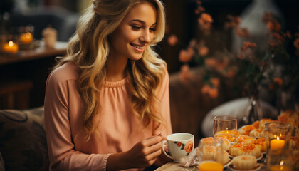 Smiling woman enjoying hot coffee in cozy home generated by AI
