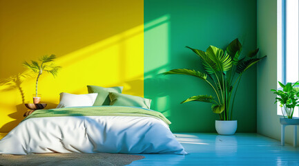 Vibrant bedroom in urban modern condo painted in bright colors with minimalistic approach