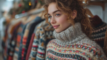 Fototapeta premium Cute attractive girl in warm cozy winter wool sweater