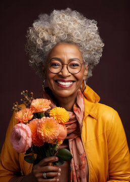 Confident mature afro-american woman with a colorful bouquet, smiling and happy in springtime