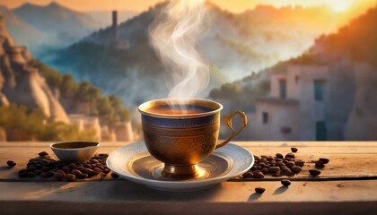 Arabic style tea cup with hot steam coming out and arabic background  - obrazy, fototapety, plakaty