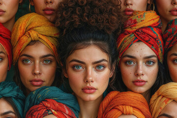 Women with headscarves in vibrant colors for women's day - obrazy, fototapety, plakaty