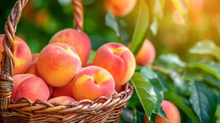 Ripe juicy organic peaches in a wicker basket against the backdrop of a peach orchard on the left in sunlight, agricultural background with copy space