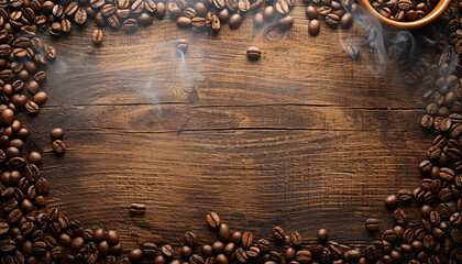 Roasted coffee beans with smoke on festive wooden textured table with copy space.