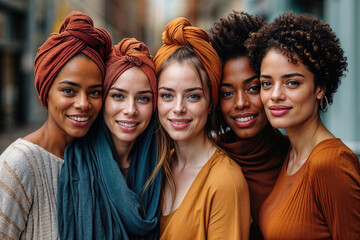 Women with matching headscarves looking at camera for women's day - obrazy, fototapety, plakaty
