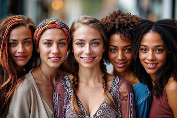 Obraz premium Group of diverse women smiling in the city for women's day