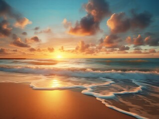 Fototapeta na wymiar Sunrise Beach, Waves Hit Shore, Coastal Dawn, Oceanic Rhythms, Vibrant Morning Colors Seaside Atmosphere