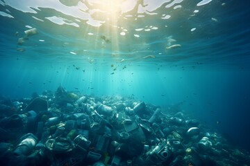 Fototapeta na wymiar Ocean Pollution, Plastic Bottles Float on Giant Sea, Underwater Scene, Human Waste Impact on Ecosystem