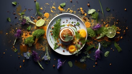  a white plate topped with food on top of a blue table next to green leaves and oranges and garnishes.