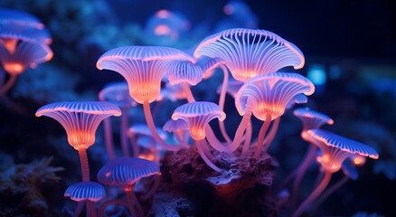 Fototapeta na wymiar Purple Fungus with Colorful Algae, Underwater World with Light Orange and Navy Themes, Serene Maritime Scene