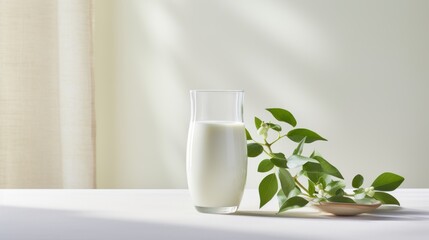  a glass of milk next to a vase with a plant in it on a white tablecloth with a curtain in the background.