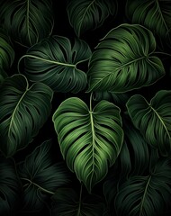Fototapeta na wymiar Monstera leaf background with green leaves on a black background. In the style of natural realism Tropical background, large leaf image for nature wallpaper background.