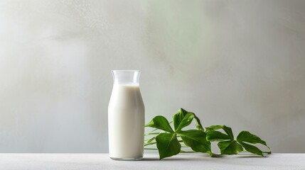  a glass of milk next to a bottle of milk with a green plant in front of it on a table.