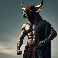 Fototapeta premium Muscular Minotaur With Black Cloak Under a Night Sky Exuding Strength and Mystery