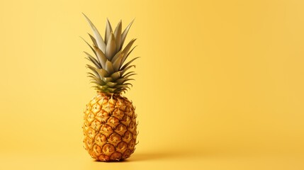  a pineapple on a yellow background with a slight shadow on the bottom of the pineapple and the top of the pineapple on the bottom of the pineapple. - obrazy, fototapety, plakaty