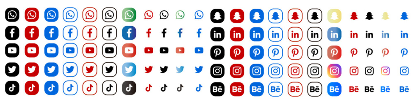 Realistic social media logotype collection: Facebook, instagram, twitter, youtube, linkedin, snapchat, telegram, pinterest, whatsap, periscope, vimeo. Social media icons.