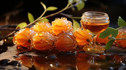  a jar of honey sitting on top of a table next to a bunch of oranges on top of a table.