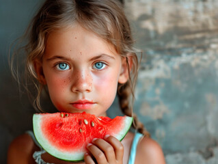 Sad thoughtful little girl with blue eyes holds a slice of watermelon and looks at the camera against the background of a concrete wall, difficult childhood. Copy space - Powered by Adobe