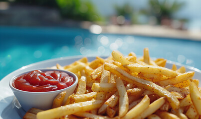 Delicious and unhealthy fries with ketchup served on a plate by the pool on a warm and sunny day