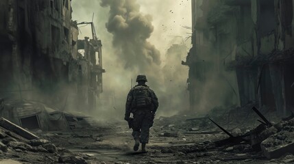 soldier with backpack and helmet on his back in a city destroyed by war - obrazy, fototapety, plakaty