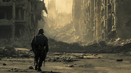 soldier with backpack and helmet on his back in a city destroyed by the world war. concept world war 3 - obrazy, fototapety, plakaty