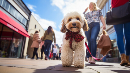 Dog’s perspective. A curious dog explores a bustling street, surrounded by the anonymous legs of city wanderers, capturing the essence of urban life