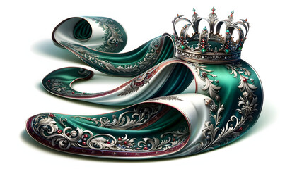 Emerald Elegance and Royal Design: Ornate Crown with Ribbon Accents Reflecting Baroque Beauty in Emerald and Silver - Concept of Luxury, Opulence, and Dynamic Motion