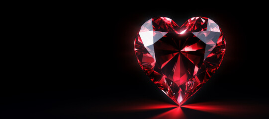 Heart Shaped Red Diamond on Black Background Banner with Copy Space