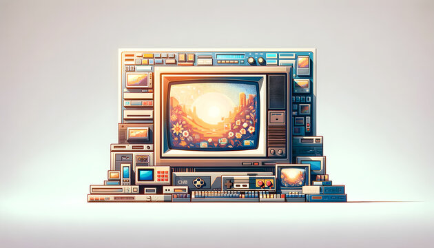 Retro-Futuristic Tech Nostalgia - Vintage Electronics and CRT TV Displaying Pixel Sunrise Art, Concept of Digital Dawn in Old-School Gaming Era