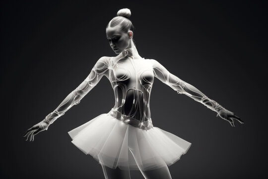 Woman Ballet Dancer Wearing Futuristic Technology Clothes on Black Background in Black and White