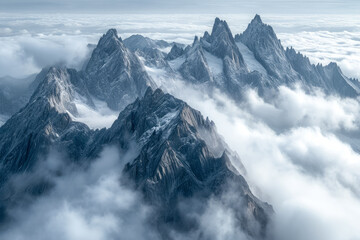 Obraz premium majestic mountain range rises above a sea of clouds, its peaks adorned with intricate patterns of snow and ice