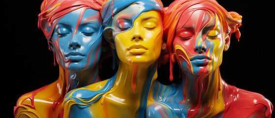 Portrait of a group of women covered in liquid paint - 718376340
