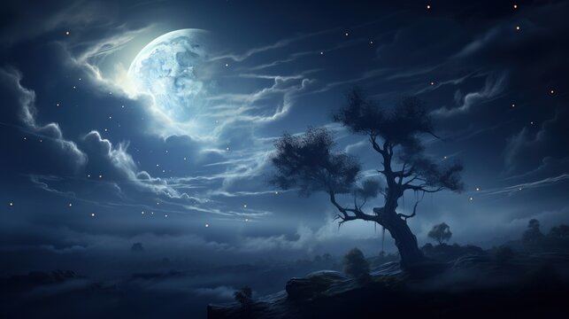  a night scene with a full moon in the sky and a tree in the foreground with stars in the sky.