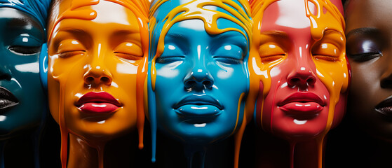 Portrait of a group of women covered in liquid paint - 718376537