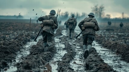soldiers with helmets marching through mud in the middle of war