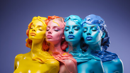 Portrait of a group of women covered in liquid paint - 718376719
