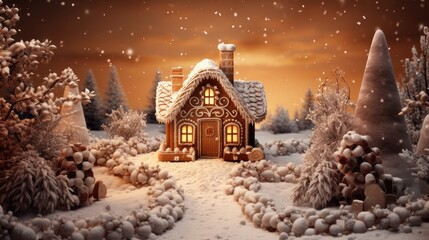  a christmas scene with a gingerbread house in the middle of a snow - covered field with trees and bushes.