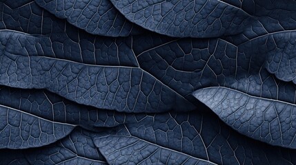  a close up of a blue leaf with a pattern of leaves on the top of the leaves is a dark blue color.