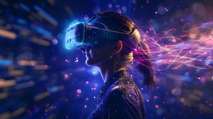 wearing virtual reality (VR) goggles, immersed in a virtual world and experiencing the cutting-edge technology firsthand