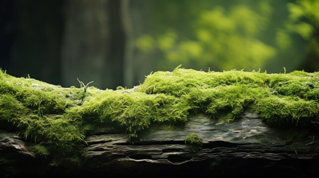  a moss covered log in front of a forest filled with lots of green leaves and moss growing on top of it.