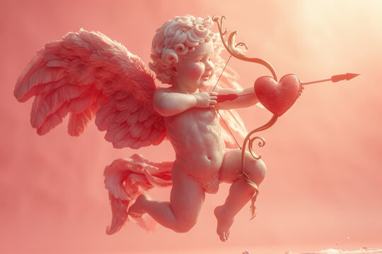estatua de cupido en color rosa saltando con alas, arco y flecha atravesando un coraz&oacute;n rojo,  sobre fondo rosa