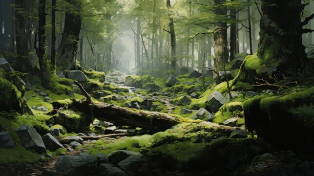  A Painting Of A Forest Filled With Lots Of Green Mossy Rocks And Trees With A Bright Light Coming Through The Trees.