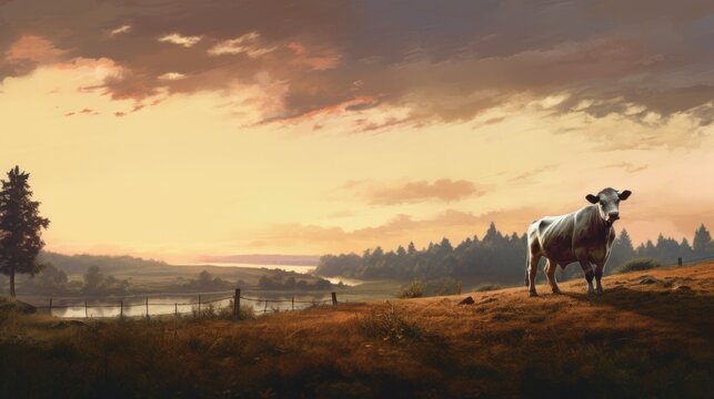  a painting of a cow standing on a hill with a sunset in the background and a lake in the foreground.
