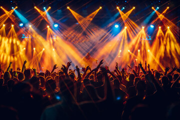 Concert crowd dancing and having fun while performer is singing on stage.